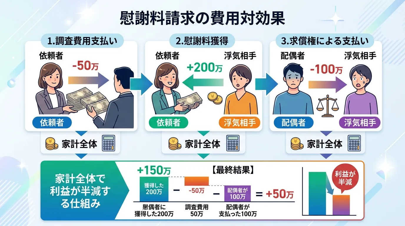 「慰謝料請求の費用対効果」をテーマにしたインフォグラフィック。3人のキャラクター（依頼者、配偶者、浮気相手）を使い、お金の流れを3ステップで解説するフロー図。1.調査費用支払い（-50万）、2.慰謝料