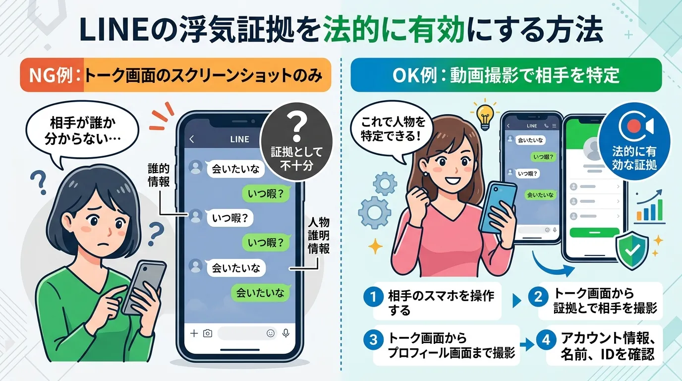 LINEの浮気証拠を法的に有効にする方法を解説するインフォグラフィック。左右でNG例とOK例を比較する構成で、左側にはトーク画面のスクリーンショットだけを見て「相手が誰か分からない&hellip;」と困る女性を、右