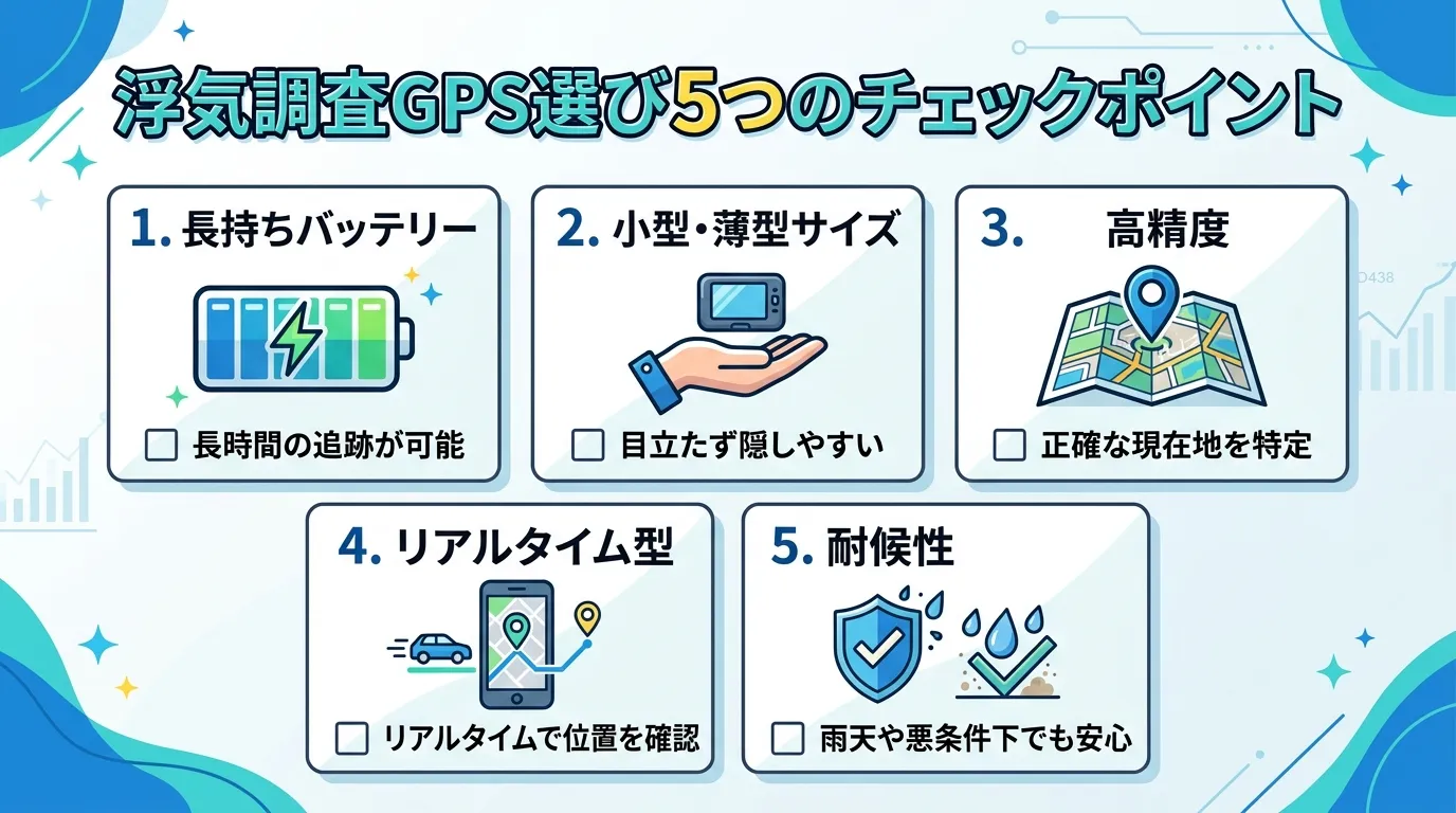 インフォグラフィック。「浮気調査GPS選び5つのチェックポイント」というタイトルで、5つの要素をアイコンと共に配置：1.「長持ちバッテリー」長い電池ゲージのアイコン、2.「小型・薄型サイズ」手のひらに