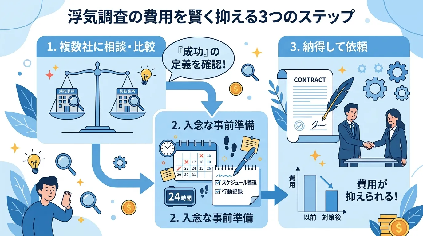 インフォグラフィック、浮気調査の費用を賢く抑える3つのステップを描いたフロー図。フラットデザインのデジタルイラスト。1.「複数社に相談・比較」天秤に乗った探偵事務所のアイコンと「『成功』の定義を確認！