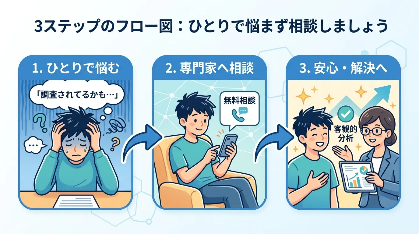 インフォグラフィック、3ステップのフロー図。左に、頭を抱え「調査されてるかも&hellip;」と不安に思う人物。中央に、スマホで「無料相談」をする様子と右向きの矢印。右に、専門家と話し「客観的分析」で安心し、表情が