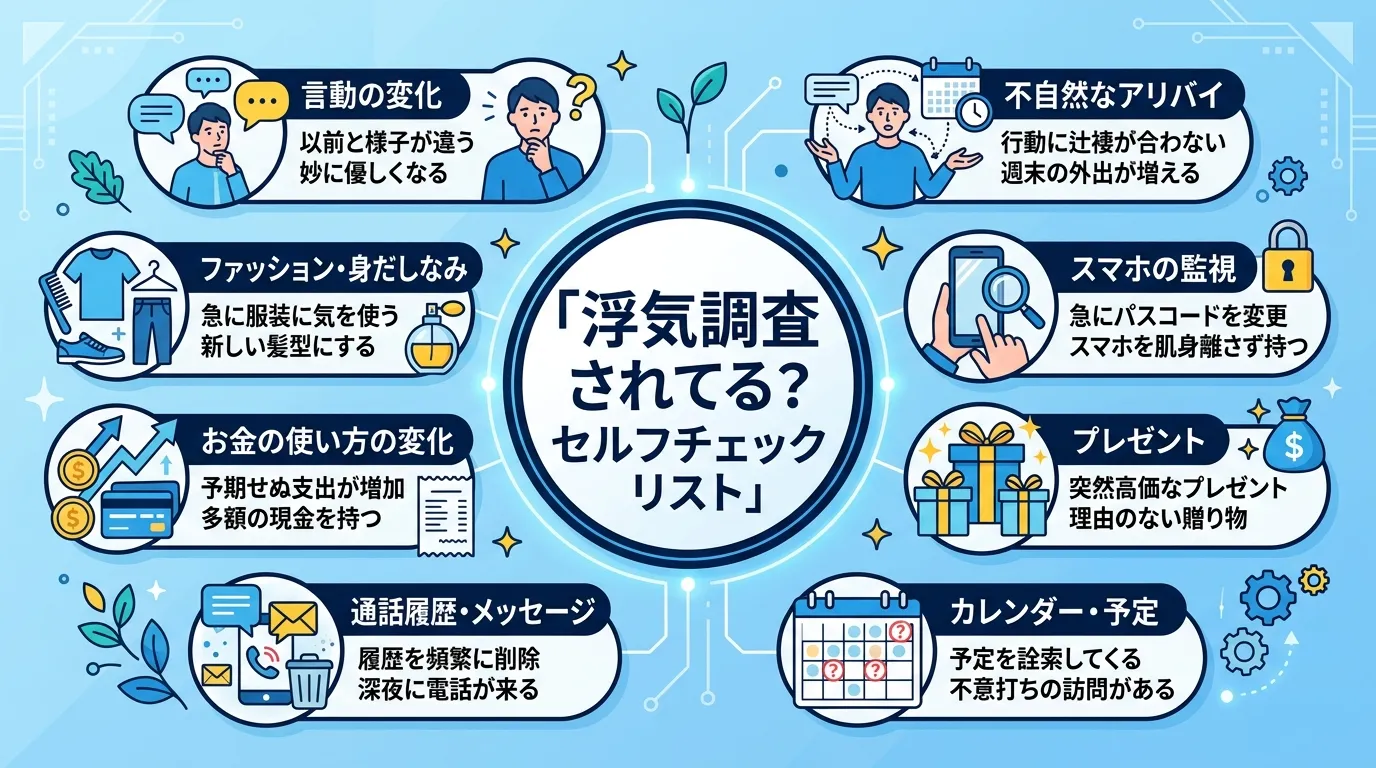 「浮気調査されてる？セルフチェックリスト」というタイトルのインフォグラフィック。中央にタイトルを配置し、その周りにチェック項目をアイコン付きで円状に並べる。アイコンは「言動の変化」「スマホの監視」「プ