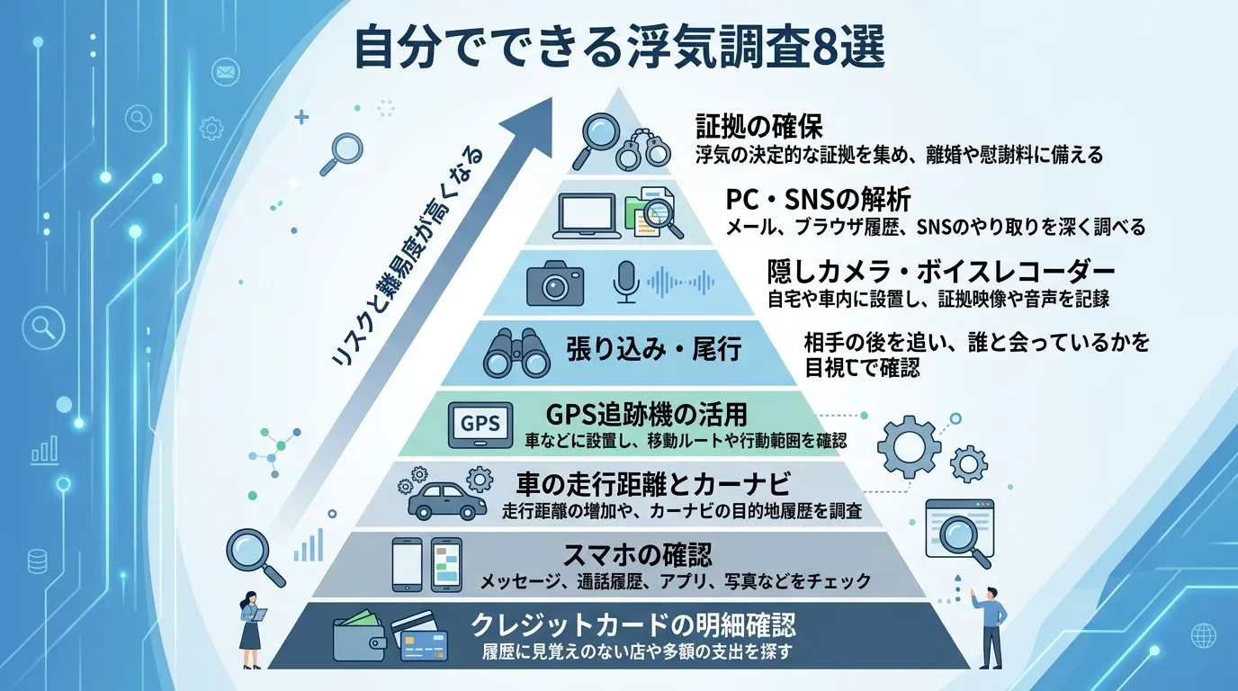 インフォグラフィック、「自分でできる浮気調査8選」という日本語タイトル。下から上へリスクと難易度が高くなるピラミッド型のステップ図。各階層に調査方法を示すアイコン（クレジットカード、スマホ、車、GPS