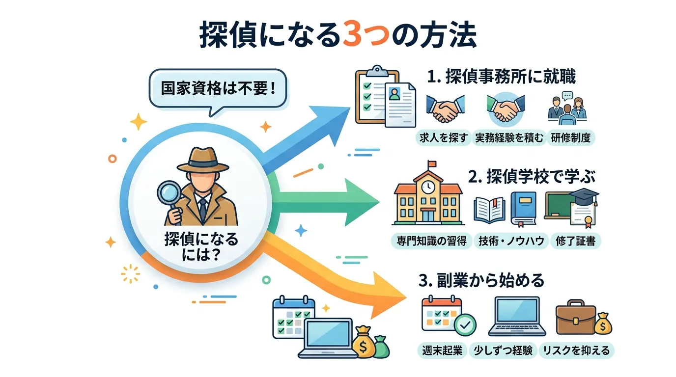 「探偵になる3つの方法」をテーマにしたインフォグラフィック。中央に「探偵になるには？」というタイトルと虫眼鏡を持つ探偵のアイコンを配置。その上部に「国家資格は不要！」と書かれた吹き出し。中央から3方向