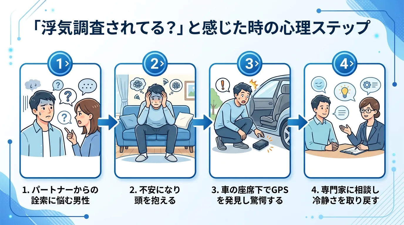 インフォグラフィック、フロー図。「浮気調査されてる？」と感じた時の心理ステップ。1. パートナーからの詮索に悩む男性。2. 不安になり頭を抱える。3. 車の座席下でGPSを発見し驚愕する。4. 専門家