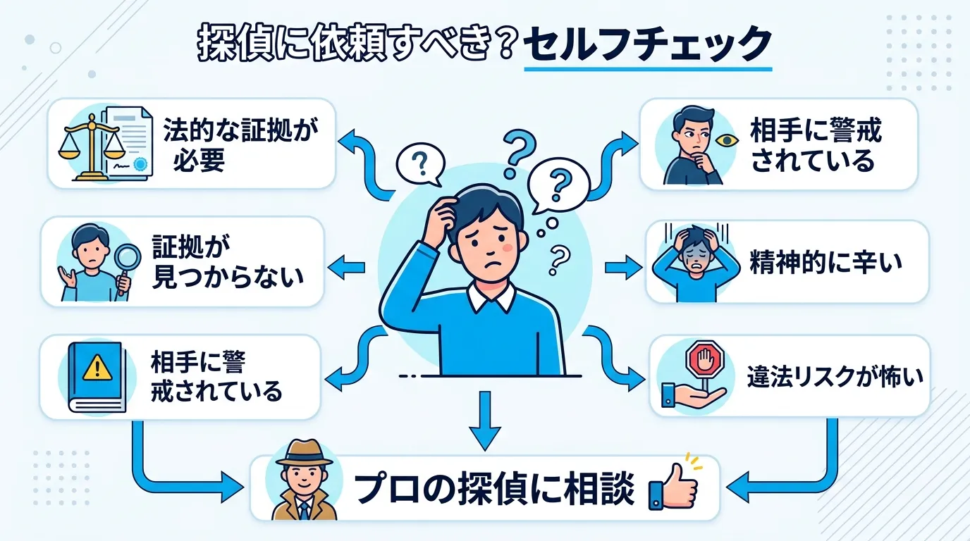 インフォグラフィック、フローチャート形式。「探偵に依頼すべき？セルフチェック」というタイトル。中央に悩む人物のイラストを配置。そこから分岐する矢印で「法的な証拠が必要」「証拠が見つからない」「相手に警