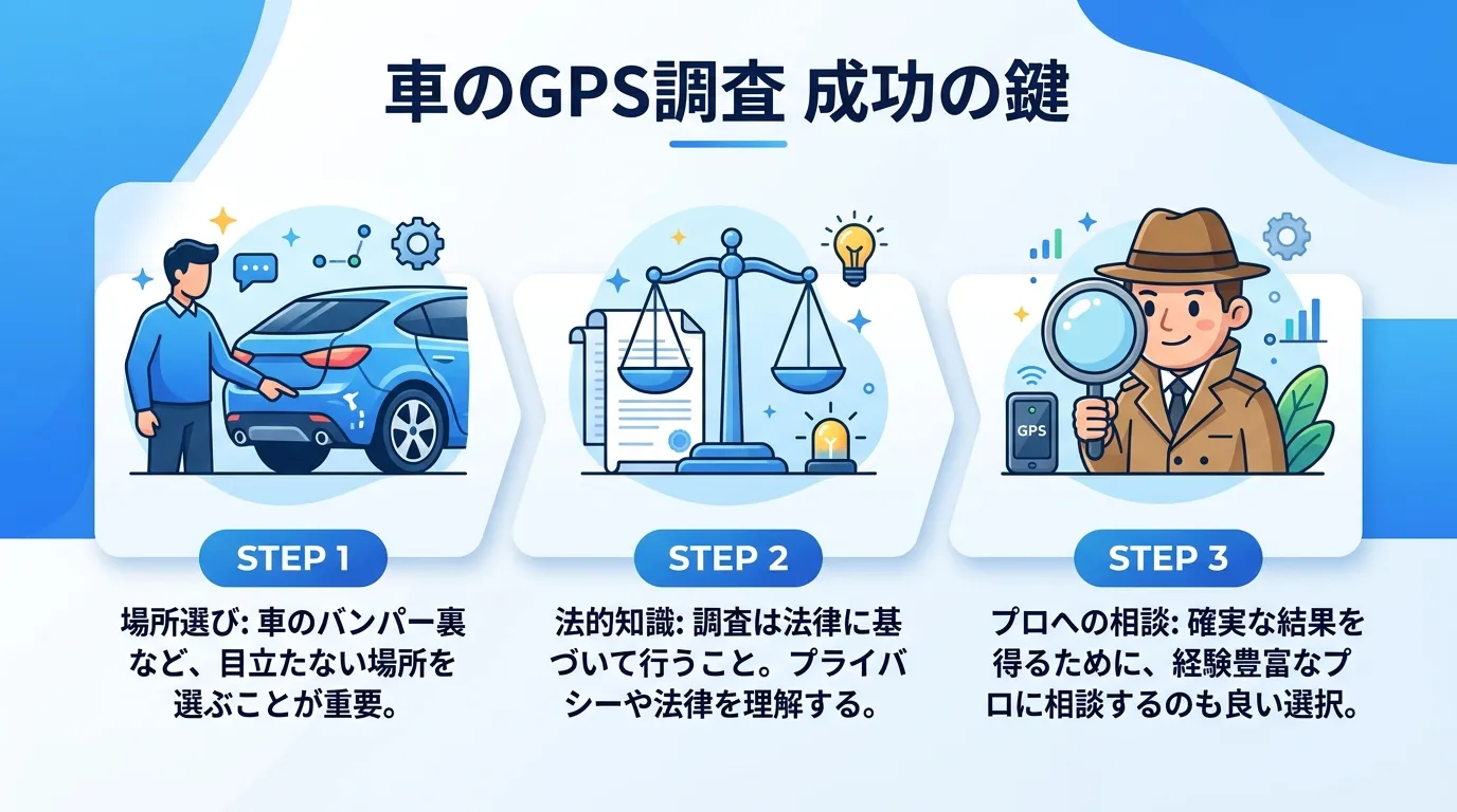 デジタルイラスト風のインフォグラフィック。「車のGPS調査 成功の鍵」というタイトルを中央上部に配置。その下に3つのステップをアイコンと日本語テキストで横並びに図解する。1「場所選び：車のバンパー裏を