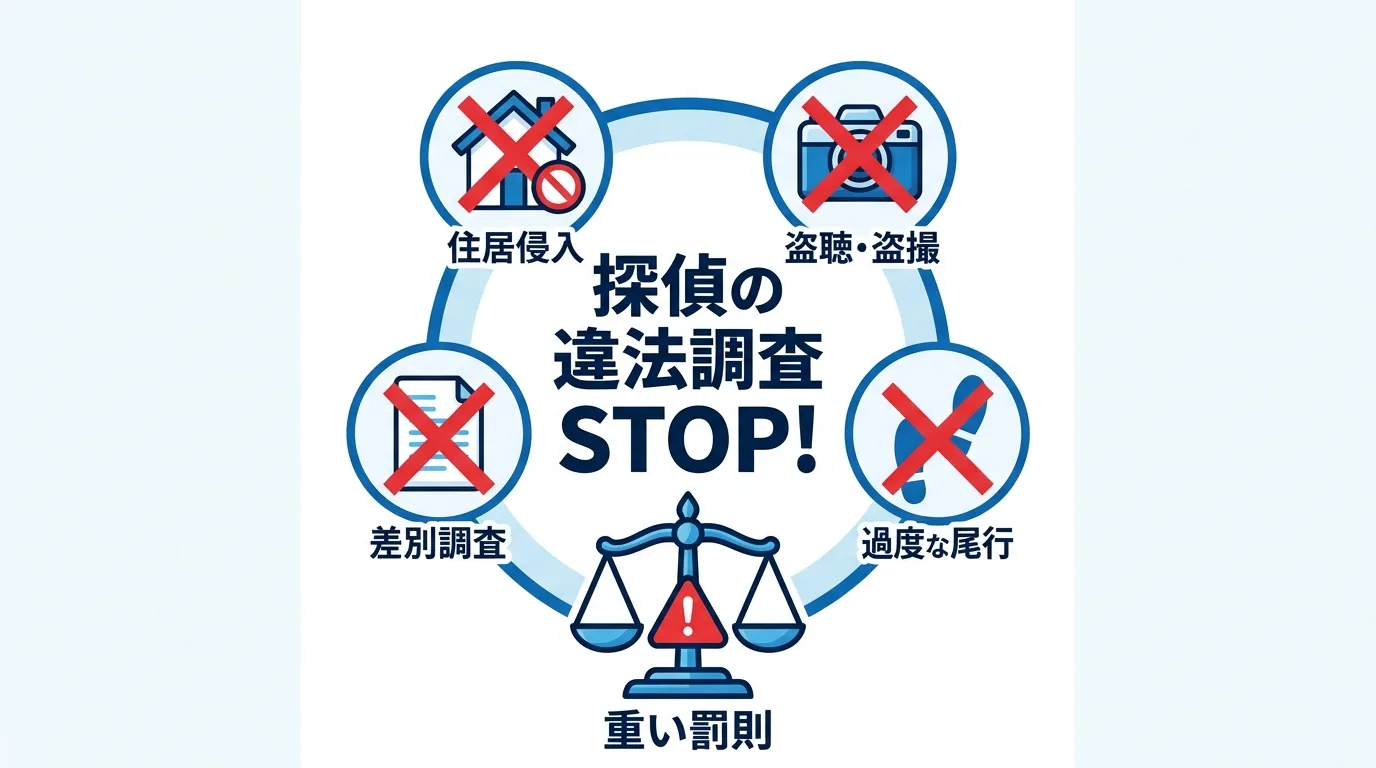 「探偵の禁止行為」をテーマにしたインフォグラフィック。中央に「探偵の違法調査 STOP!」という見出しを配置。その周りに「住居侵入」「盗聴・盗撮」「過度な尾行」「差別調査」を象徴するアイコン（家、カメ