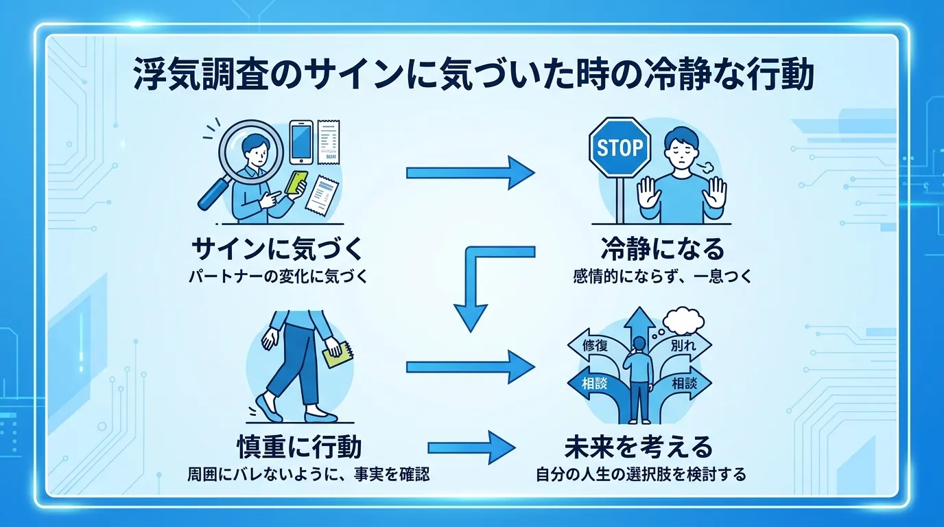 「浮気調査のサインに気づいた時の冷静な行動」をテーマにしたインフォグラフィック。青を基調としたシンプルなデジタルイラストで、4つのステップからなるフローチャートを作成。1.「サインに気づく」（虫眼鏡の