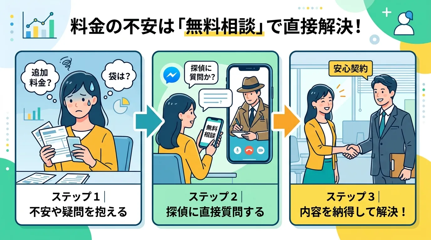 浮気調査の費用に関する疑問を解決する3ステップのインフォグラフィック。明るい配色のデジタルイラスト。左のコマで女性が「追加料金？」と悩み、中央のコマで「無料相談」と書かれたスマホで探偵に質問し、右のコ