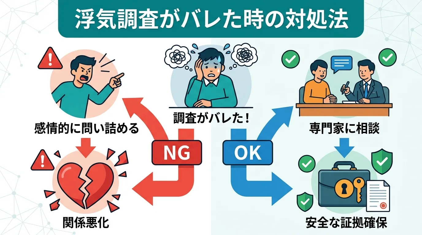「浮気調査がバレた時の対処法」を解説するフローチャート形式のインフォグラフィック。フラットデザインのデジタルイラストで作成。上部に「調査がバレた！」と困惑する人物を配置し、下に矢印が2つに分岐。左のN