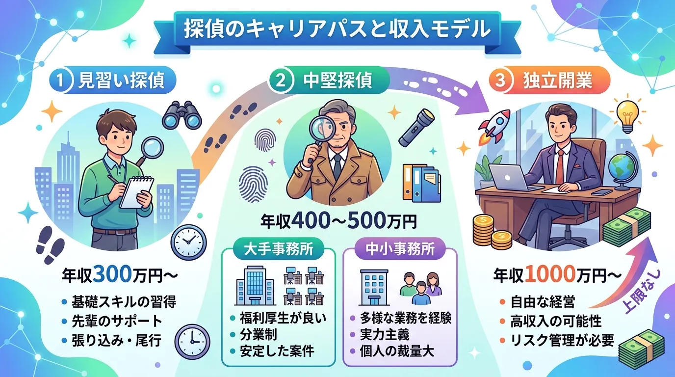 「探偵のキャリアパスと収入モデル」をテーマにしたインフォグラフィック。親しみやすいデジタルイラストで、左から「見習い探偵（年収300万円～）」「中堅探偵（年収400～500万円）」「独立開業（年収10