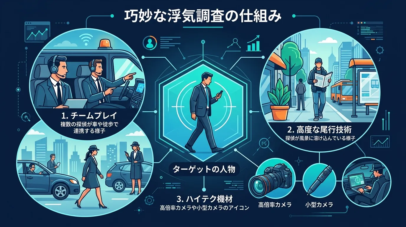プロの探偵による巧妙な浮気調査の仕組みを描いたインフォグラフィック。中央にターゲットの人物を配置し、その周りを囲むように「チームプレイ」「高度な尾行技術」「ハイテク機材」の3要素を図解する。①チームプ