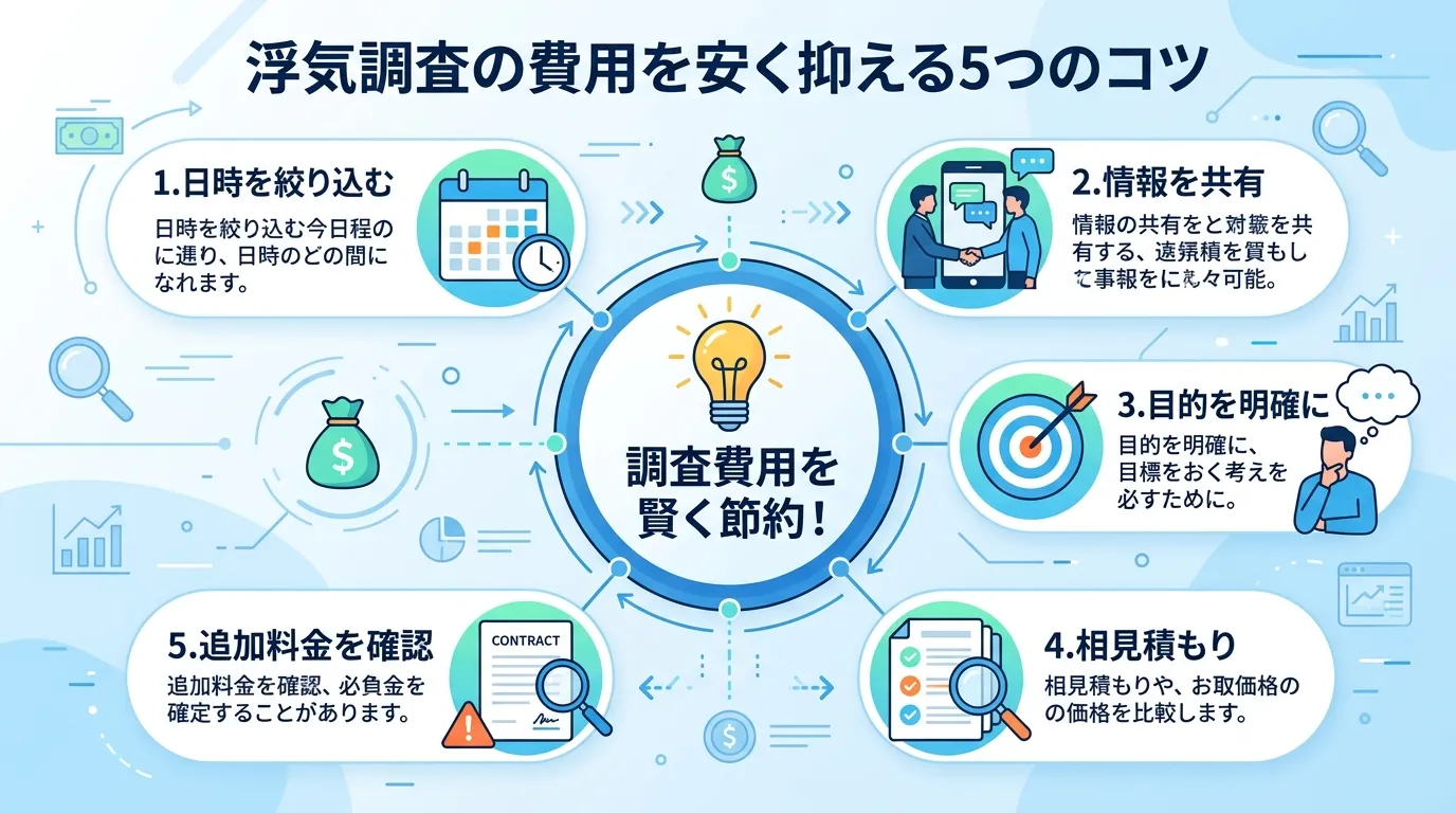 「浮気調査の費用を安く抑える5つのコツ」をテーマにしたインフォグラフィック。フラットデザインのデジタルイラストで、青と白を基調とした清潔感のあるスタイル。中央に「調査費用を賢く節約！」という見出しと電